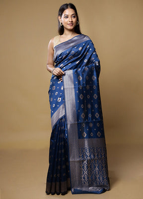 Blue Dupion Silk Saree With Blouse Piece