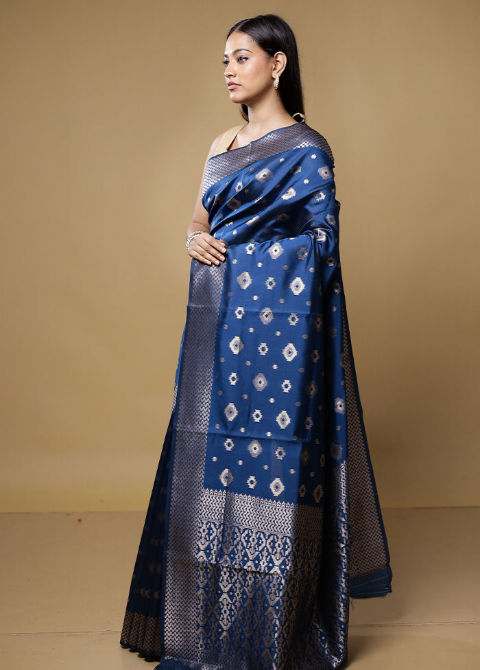 Blue Dupion Silk Saree With Blouse Piece