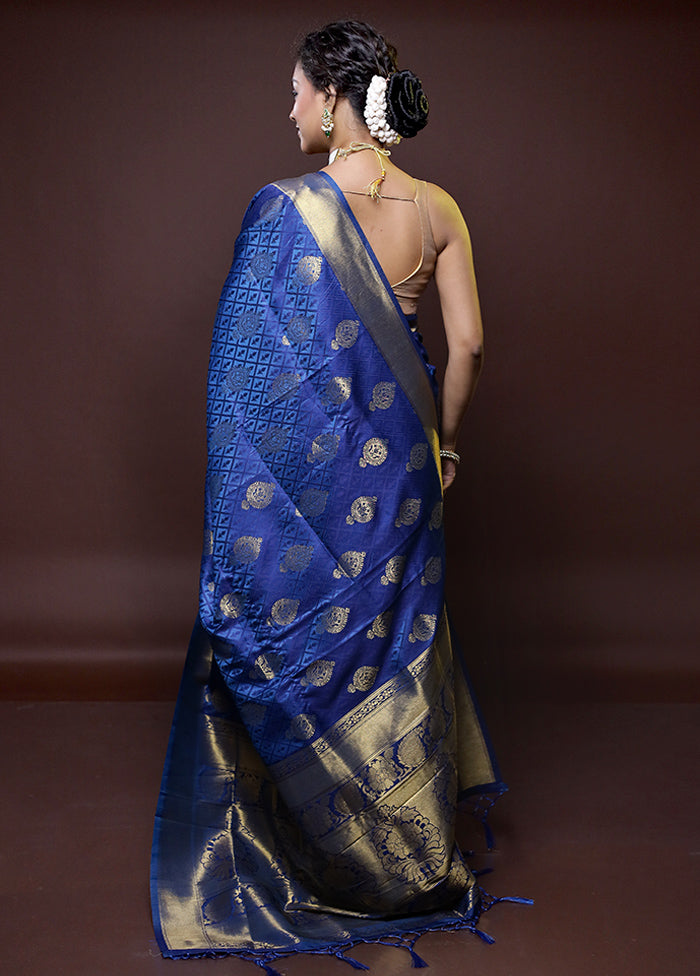 Blue Dupion Silk Saree With Blouse Piece