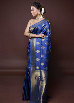 Blue Dupion Silk Saree With Blouse Piece