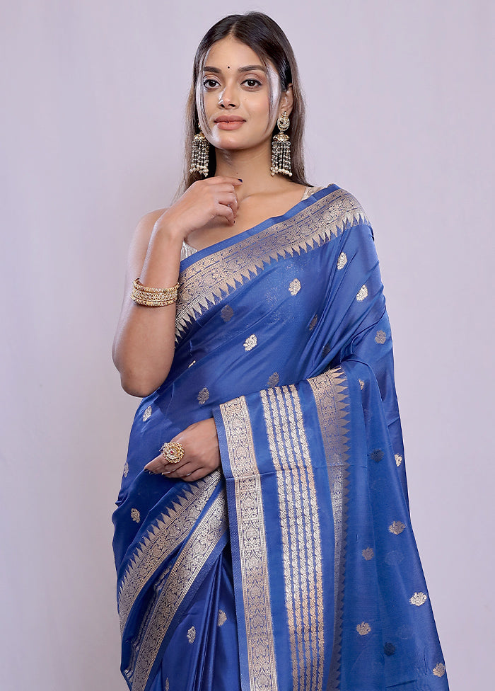 Blue Dupion Silk Saree With Blouse Piece - Indian Silk House Agencies