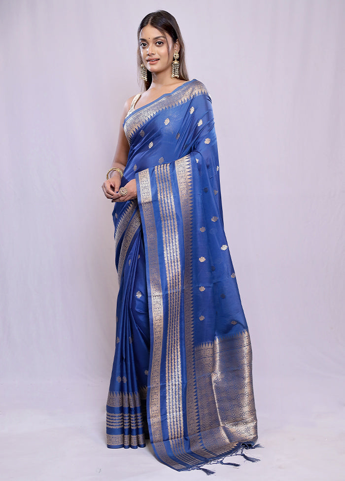 Blue Dupion Silk Saree With Blouse Piece - Indian Silk House Agencies