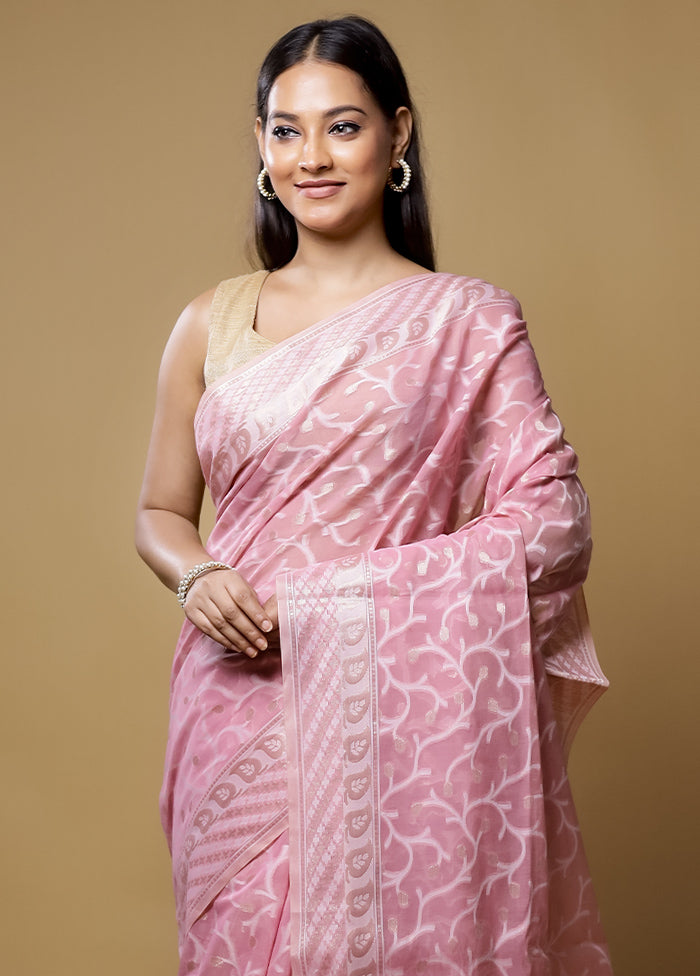 Pink Kora Silk Saree With Blouse Piece