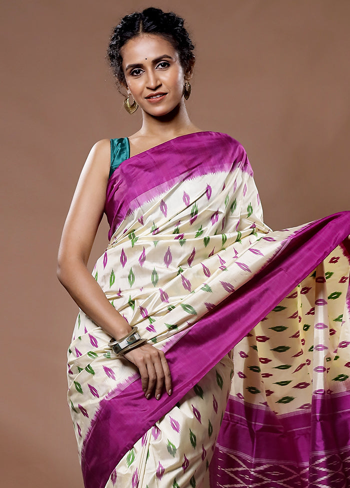 Cream Ikkat Pure Silk Saree With Blouse Piece - Indian Silk House Agencies