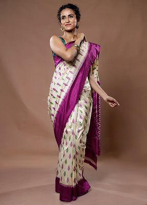 Cream Ikkat Pure Silk Saree With Blouse Piece - Indian Silk House Agencies