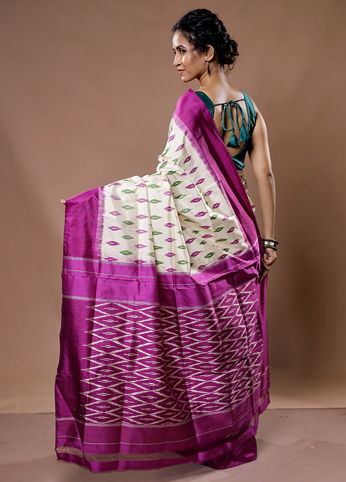 Cream Ikkat Pure Silk Saree With Blouse Piece - Indian Silk House Agencies