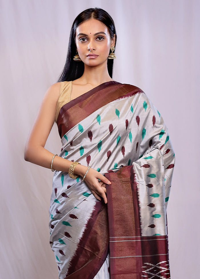 Grey Ikkat Pure Silk Saree With Blouse Piece - Indian Silk House Agencies