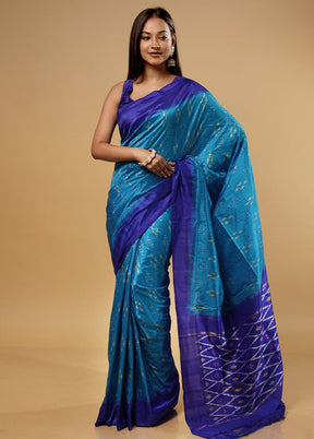 Blue Ikkat Pure Silk Saree With Blouse Piece - Indian Silk House Agencies