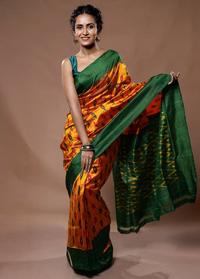 Orange Ikkat Pure Silk Saree With Blouse Piece - Indian Silk House Agencies