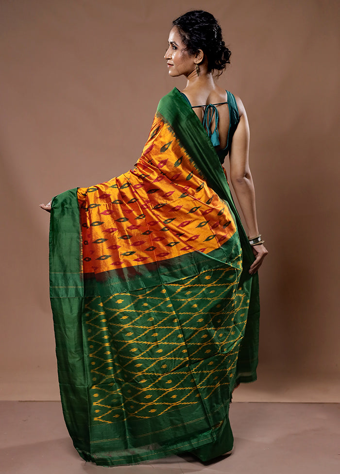 Orange Ikkat Pure Silk Saree With Blouse Piece - Indian Silk House Agencies