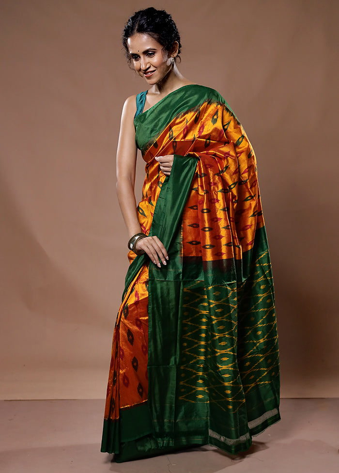 Orange Ikkat Pure Silk Saree With Blouse Piece - Indian Silk House Agencies