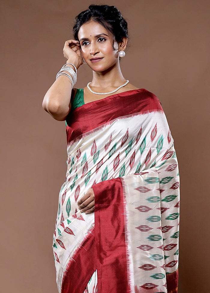 Cream Ikkat Pure Silk Saree With Blouse Piece - Indian Silk House Agencies