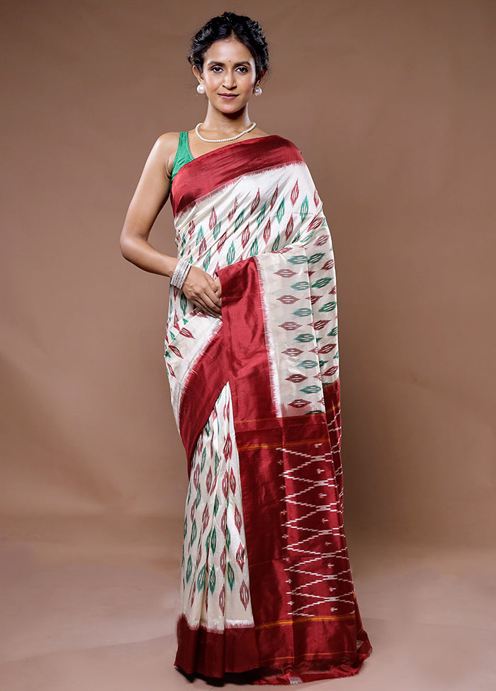 Cream Ikkat Pure Silk Saree With Blouse Piece - Indian Silk House Agencies