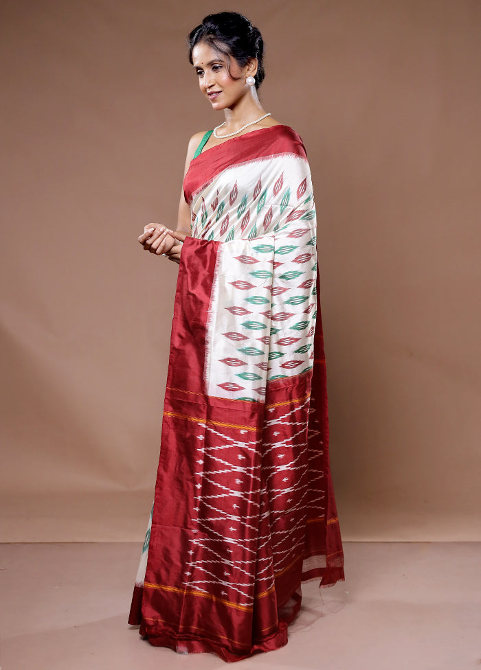 Cream Ikkat Pure Silk Saree With Blouse Piece - Indian Silk House Agencies