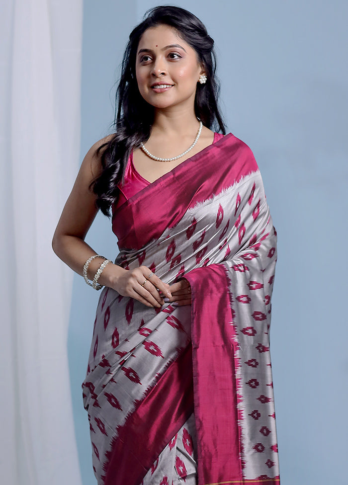 Grey Ikkat Pure Silk Saree With Blouse Piece - Indian Silk House Agencies