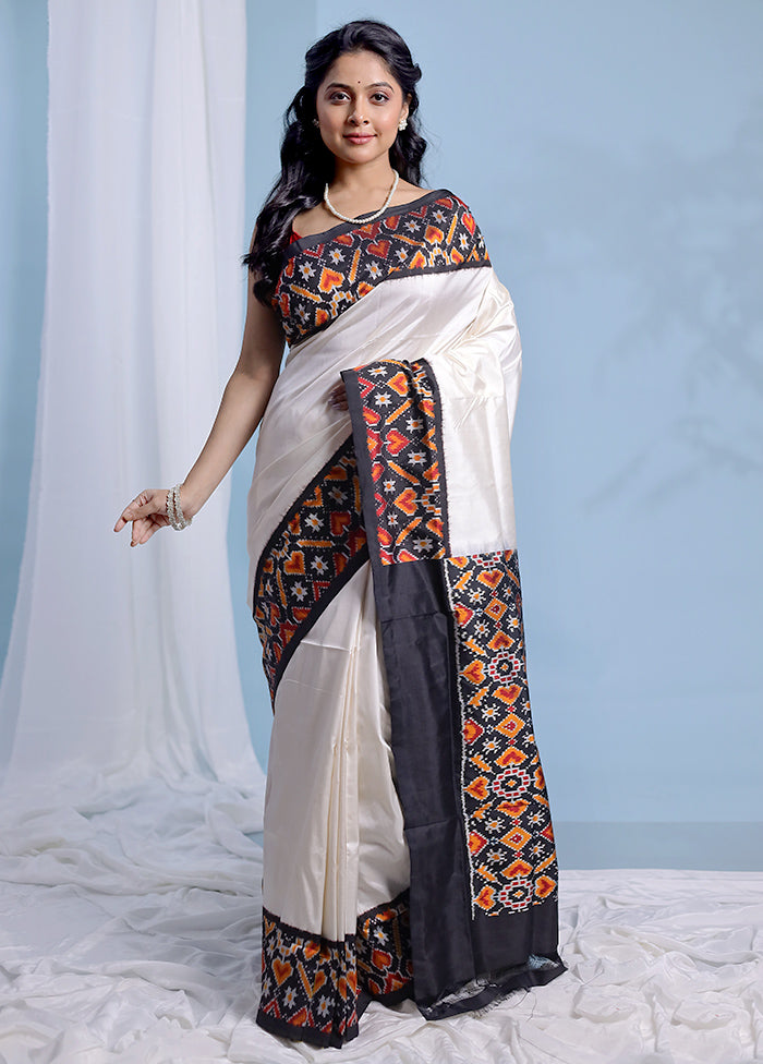 Cream Ikkat Pure Silk Saree With Blouse Piece - Indian Silk House Agencies