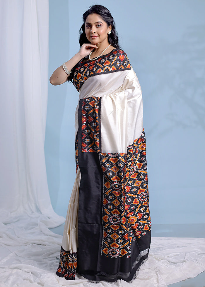 Cream Ikkat Pure Silk Saree With Blouse Piece - Indian Silk House Agencies