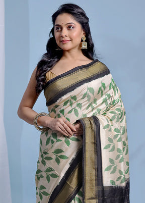 Cream Ikkat Pure Silk Saree With Blouse Piece - Indian Silk House Agencies