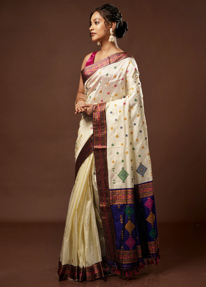 Cream Assam Pure Silk Saree With Blouse Piece - Indian Silk House Agencies