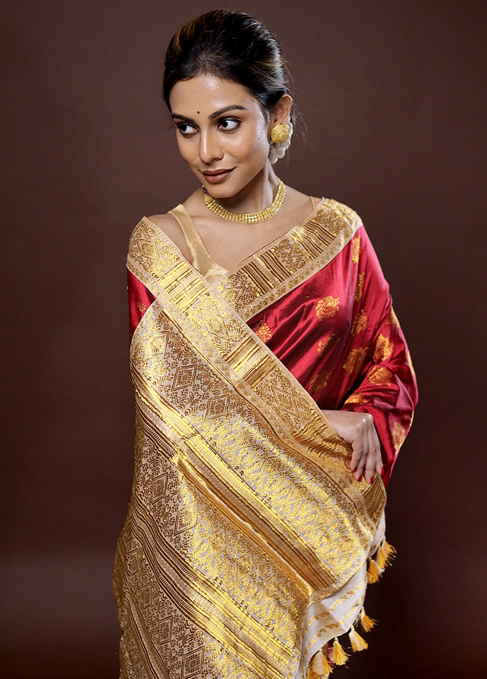 Red Assam Pure Silk Saree With Blouse Piece - Indian Silk House Agencies