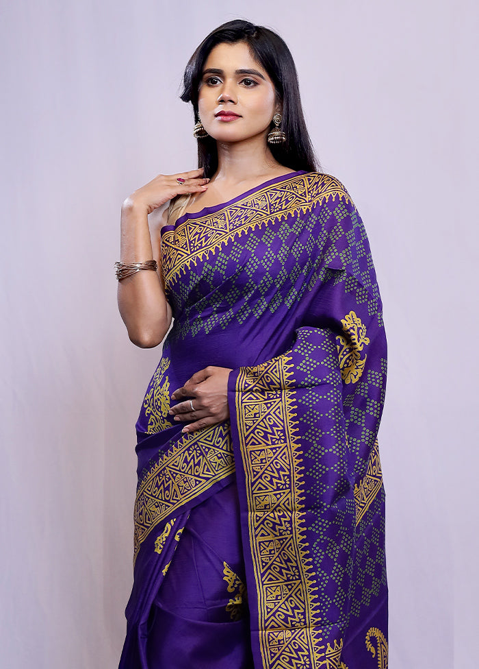 Blue Printed Pure Silk Saree With Blouse Piece - Indian Silk House Agencies