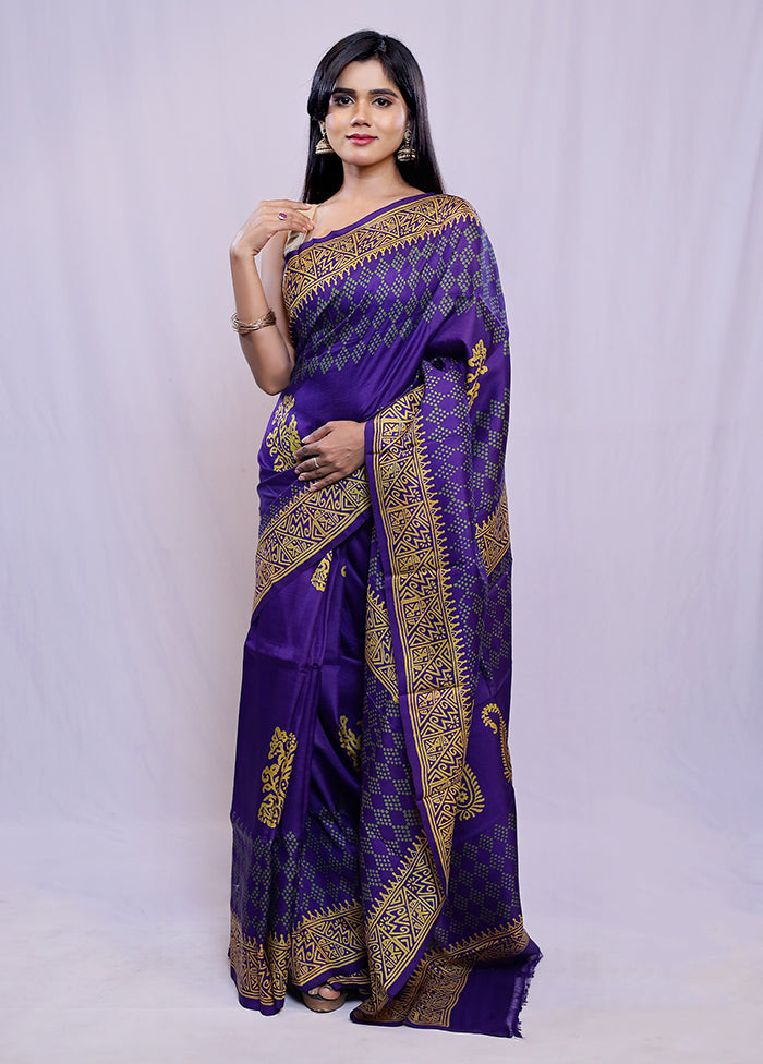 Blue Printed Pure Silk Saree With Blouse Piece - Indian Silk House Agencies