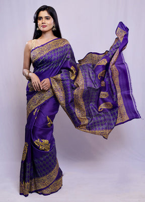 Blue Printed Pure Silk Saree With Blouse Piece - Indian Silk House Agencies