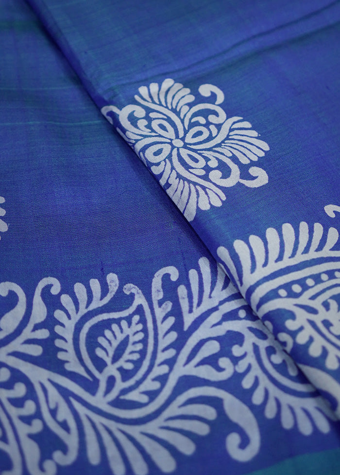 Blue Printed Pure Silk Saree With Blouse Piece - Indian Silk House Agencies