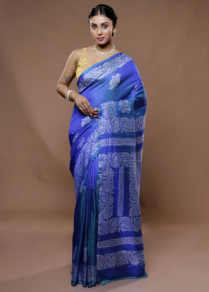 Blue Printed Pure Silk Saree With Blouse Piece - Indian Silk House Agencies