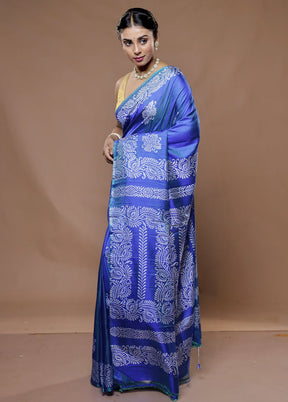 Blue Printed Pure Silk Saree With Blouse Piece - Indian Silk House Agencies