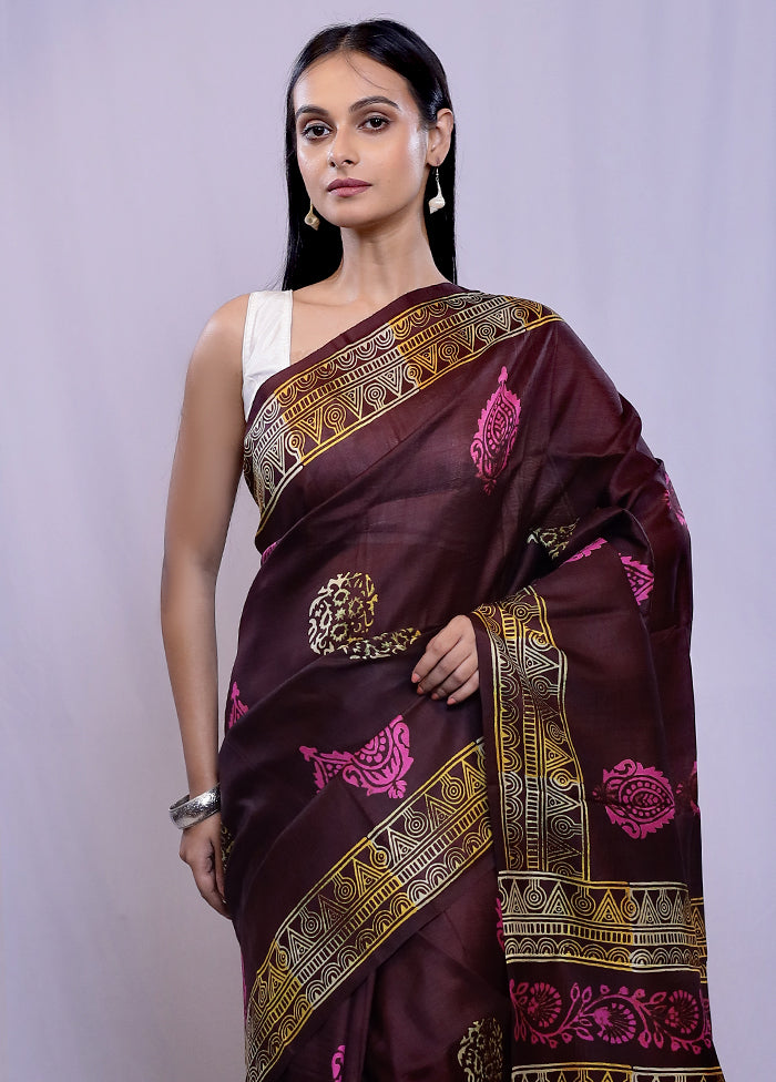 Brown Printed Pure Silk Saree With Blouse Piece - Indian Silk House Agencies