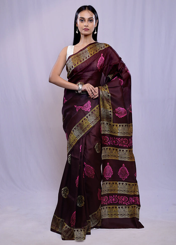 Brown Printed Pure Silk Saree With Blouse Piece - Indian Silk House Agencies