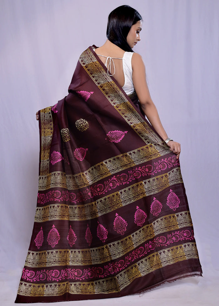 Brown Printed Pure Silk Saree With Blouse Piece - Indian Silk House Agencies