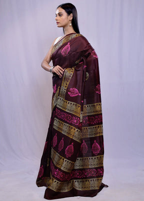 Brown Printed Pure Silk Saree With Blouse Piece - Indian Silk House Agencies