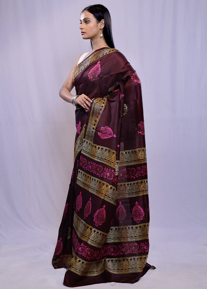 Brown Printed Pure Silk Saree With Blouse Piece - Indian Silk House Agencies