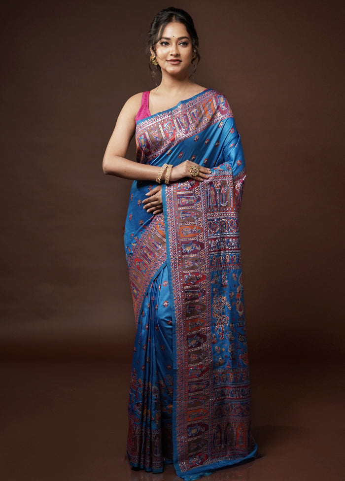 Blue Baluchari Silk Saree With Blouse Piece - Indian Silk House Agencies