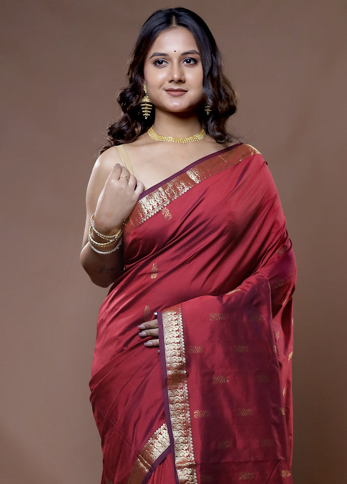 Maroon Kanjivaram Silk Saree With Blouse Piece - Indian Silk House Agencies