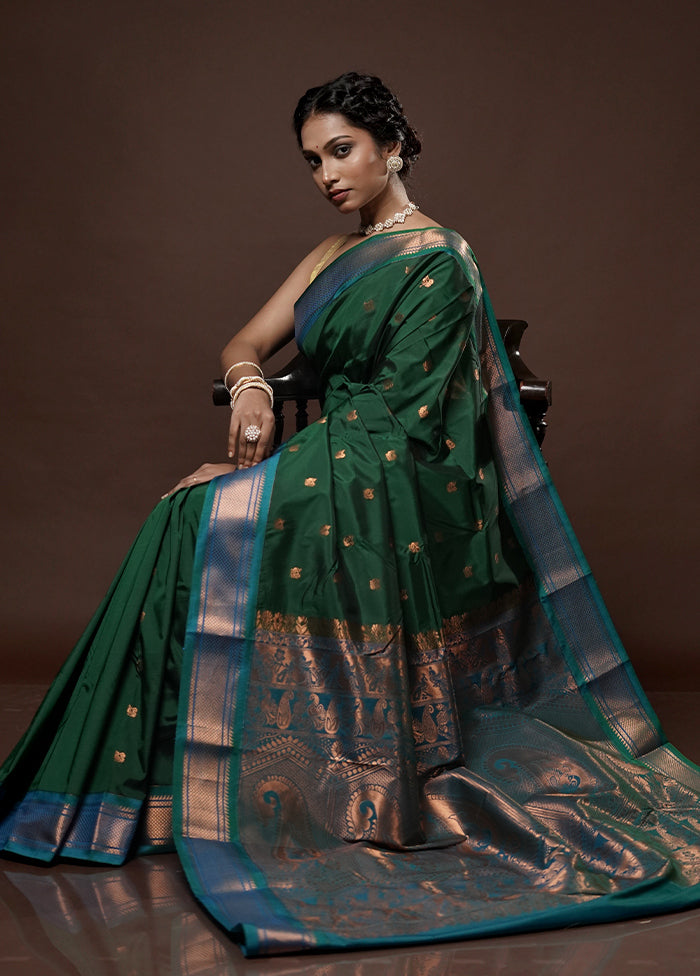 Green Kanjivaram Silk Saree With Blouse Piece - Indian Silk House Agencies