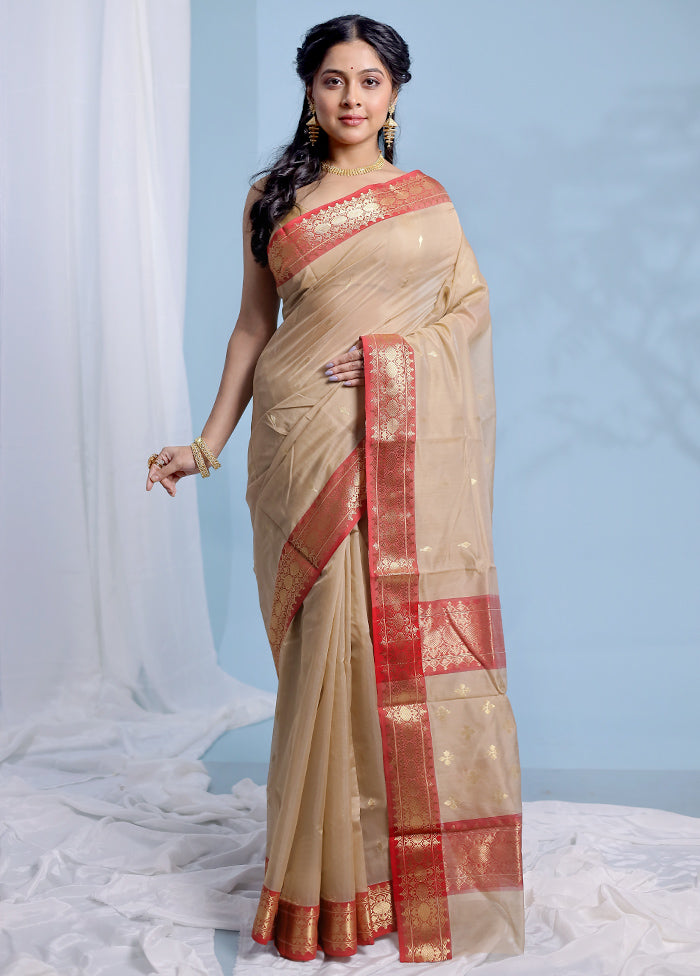 Cream Chanderi Pure Cotton Saree With Blouse Piece - Indian Silk House Agencies