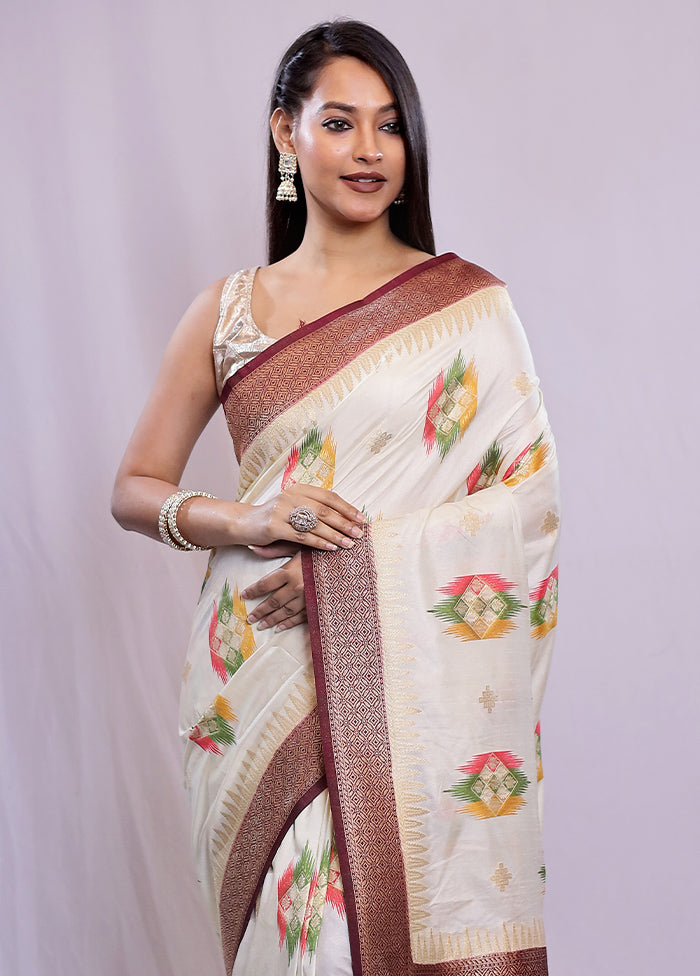 White Dupion Silk Saree With Blouse Piece - Indian Silk House Agencies