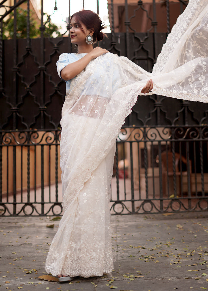 Cream Organza Saree With Blouse Piece - Indian Silk House Agencies