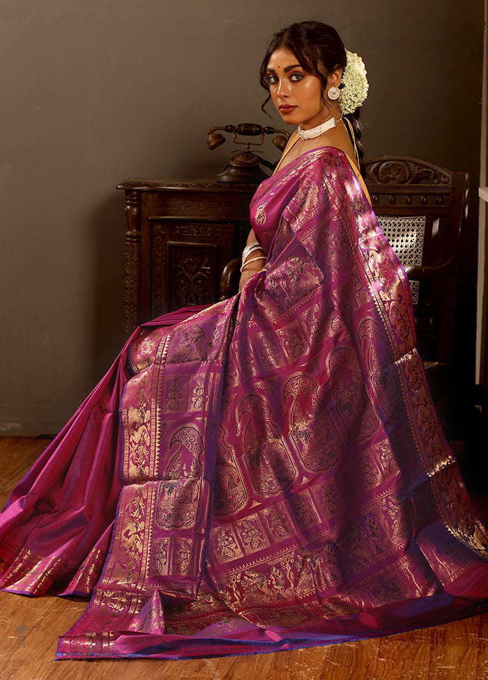 Purple Baluchari Pure Silk Saree With Blouse Piece - Indian Silk House Agencies