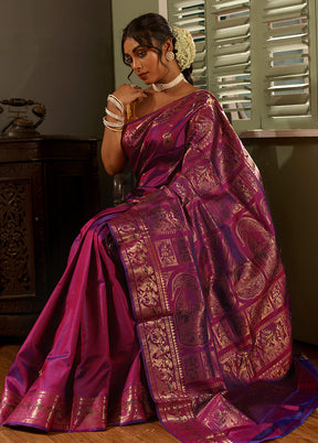 Purple Baluchari Pure Silk Saree With Blouse Piece - Indian Silk House Agencies