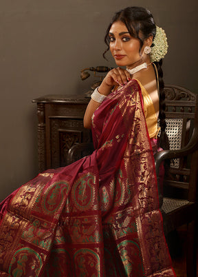 Maroon Baluchari Pure Silk Saree With Blouse Piece - Indian Silk House Agencies