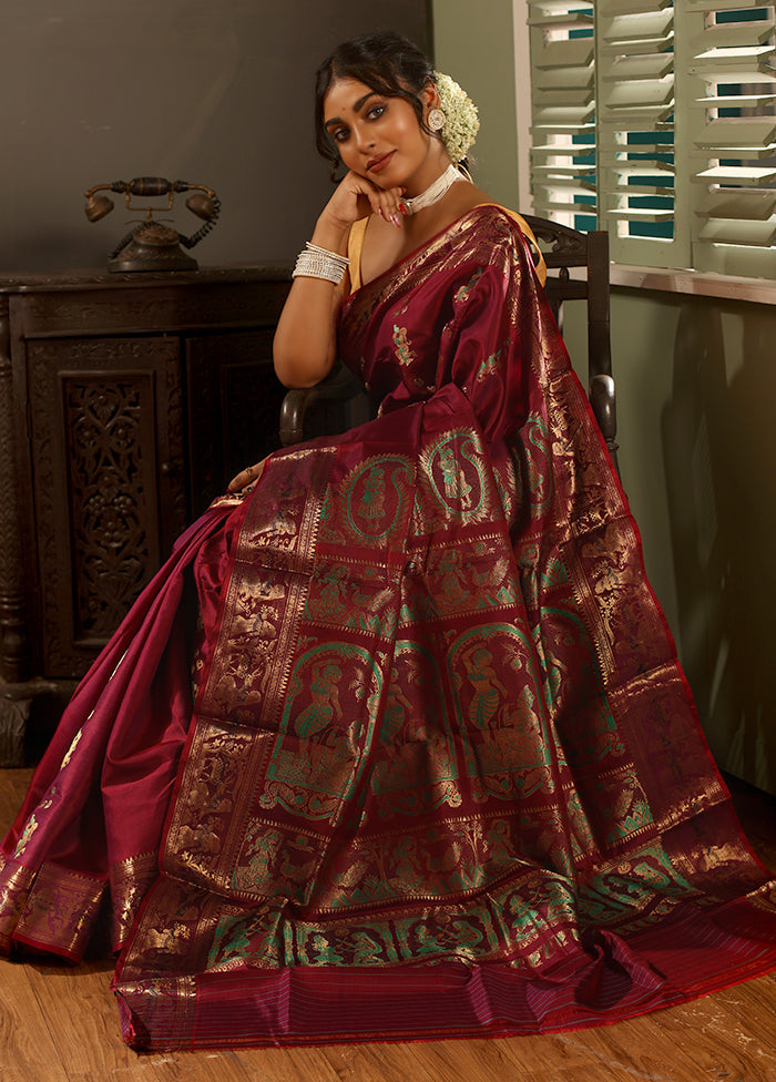 Maroon Baluchari Pure Silk Saree With Blouse Piece - Indian Silk House Agencies