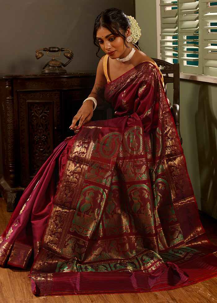 Maroon Baluchari Pure Silk Saree With Blouse Piece - Indian Silk House Agencies