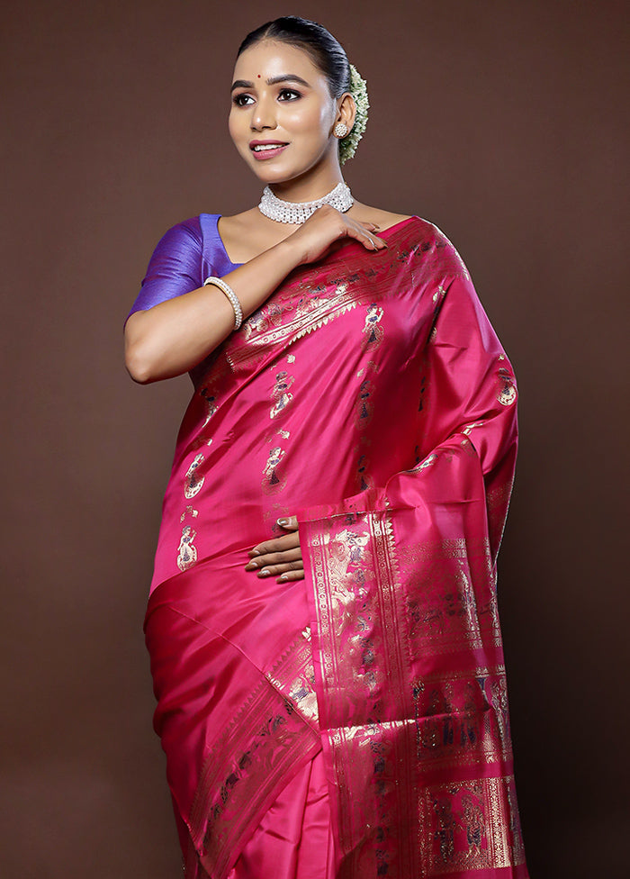 Pink Handloom Baluchari Pure Silk Saree With Blouse Piece