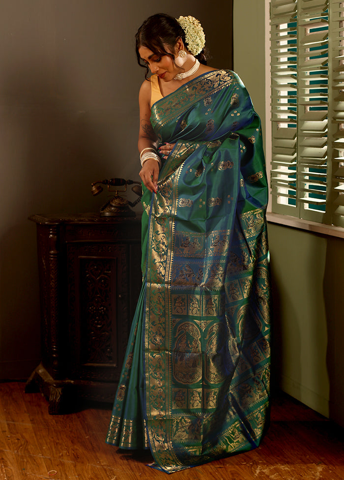 Green Baluchari Pure Silk Saree With Blouse Piece - Indian Silk House Agencies