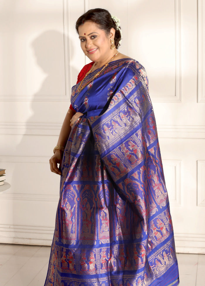 Blue Baluchari Pure Silk Saree With Blouse Piece - Indian Silk House Agencies