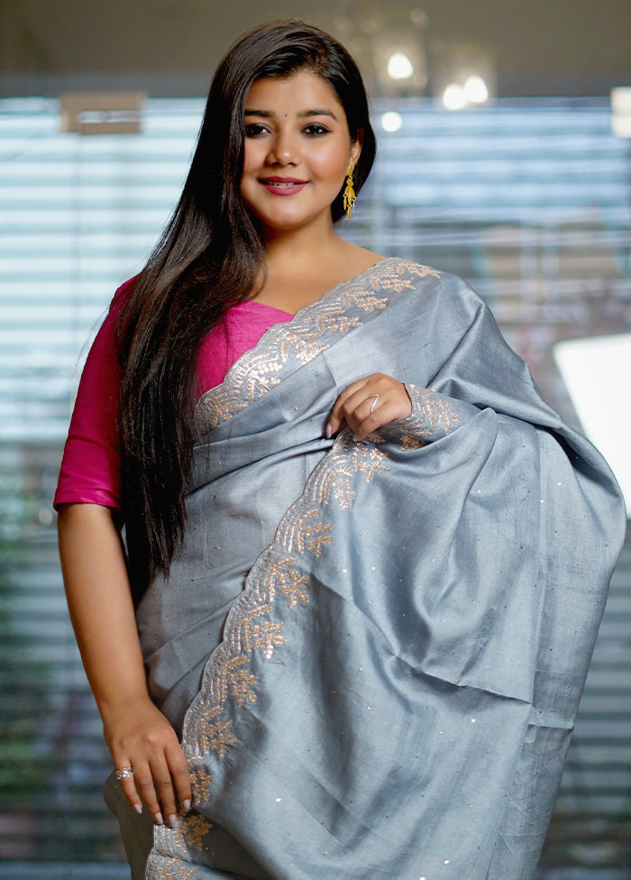 Grey Pure Organza Saree With Blouse Piece - Indian Silk House Agencies